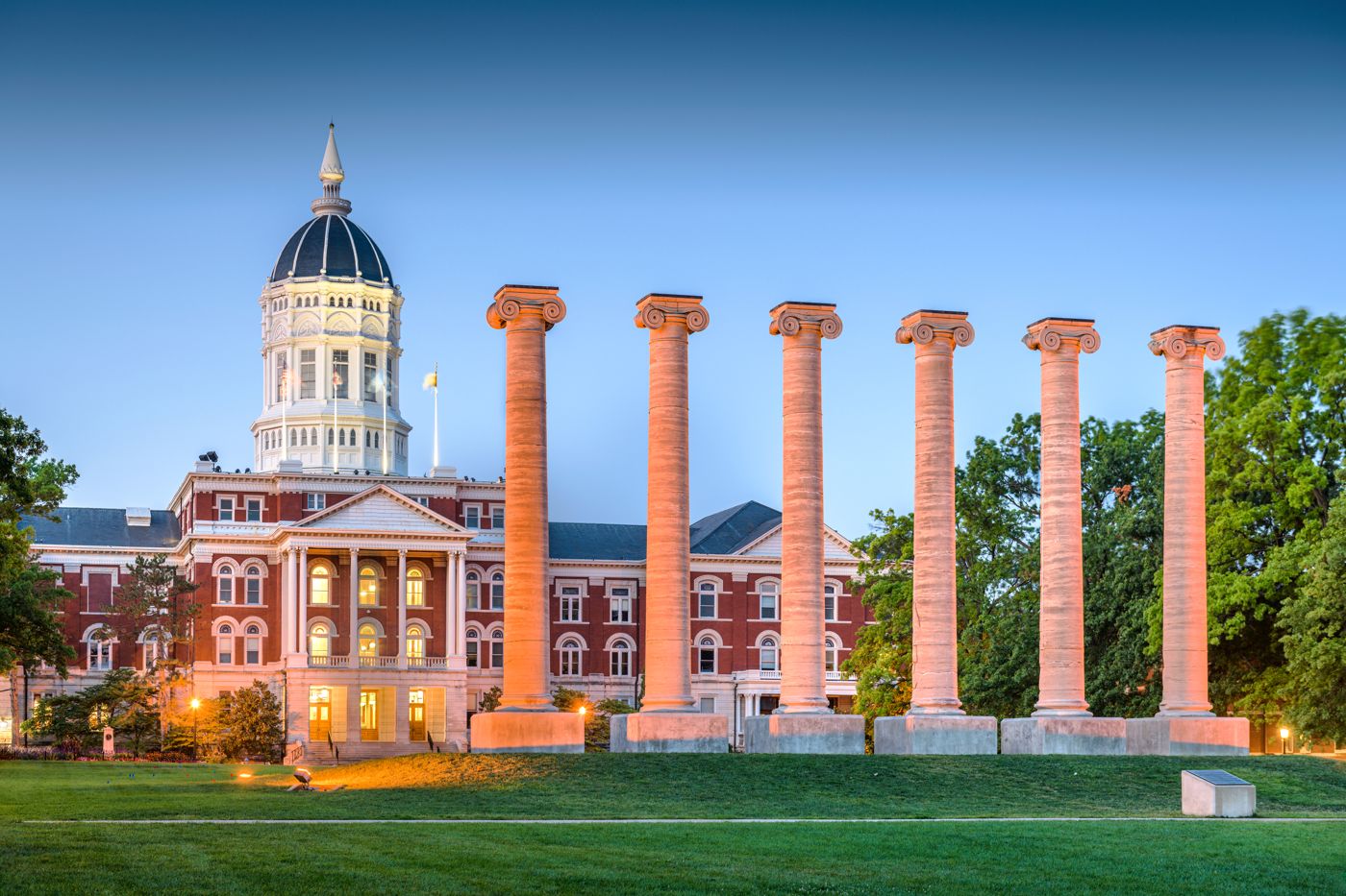 Historic columns and the main hall of a U.S. university campus
